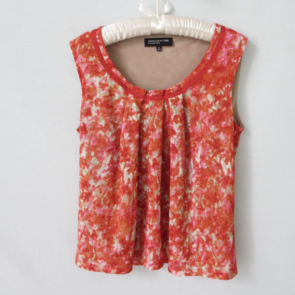 Jones New York orange floral 100% scoop neck pleated sleeveless blouse *Sz M*